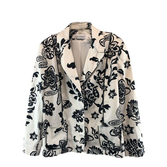 Alfred Dunner Womens Blazer Jacket 3 Button Floral Padded Black Ivory Size 16 - Picture 1 of 11